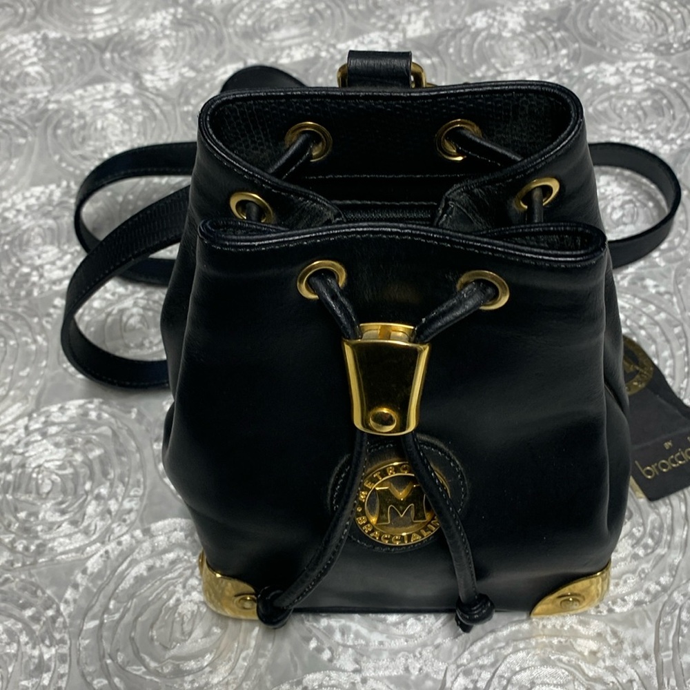 Black Leather Backpack with Gold Accents